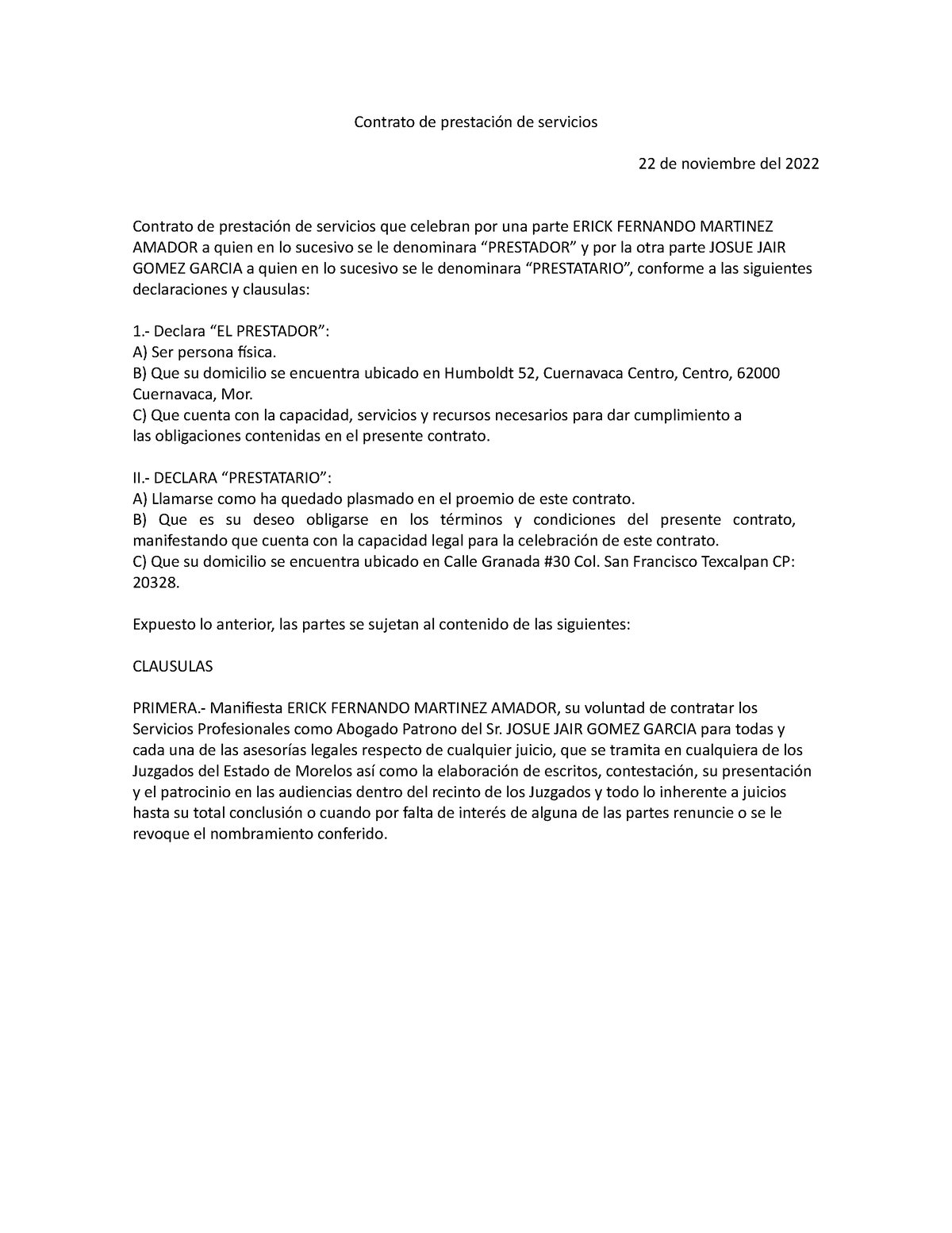 Contrato De Prestación De Servicios - Declara “EL PRESTADOR”: A) Ser ...