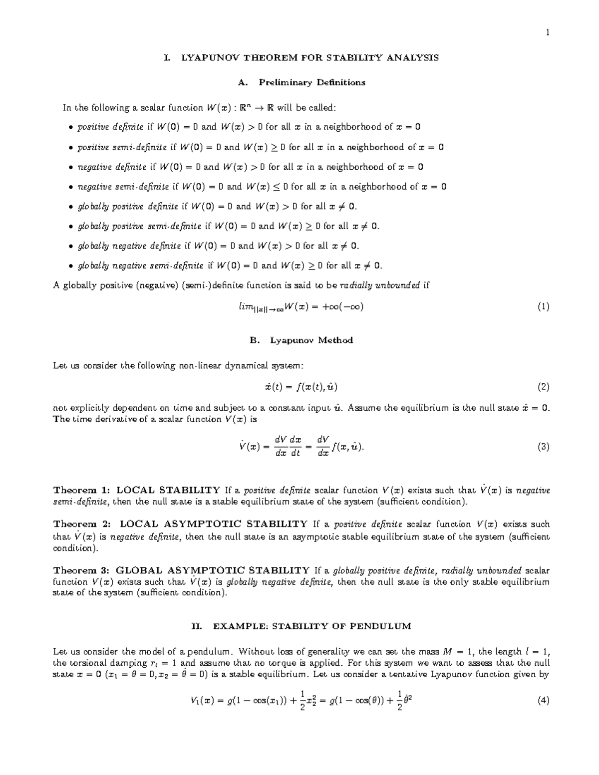 02-Appendix-Lyapunov - 1 I. LYAPUNOV THEOREM FOR STABILITY ANALYSIS A ...