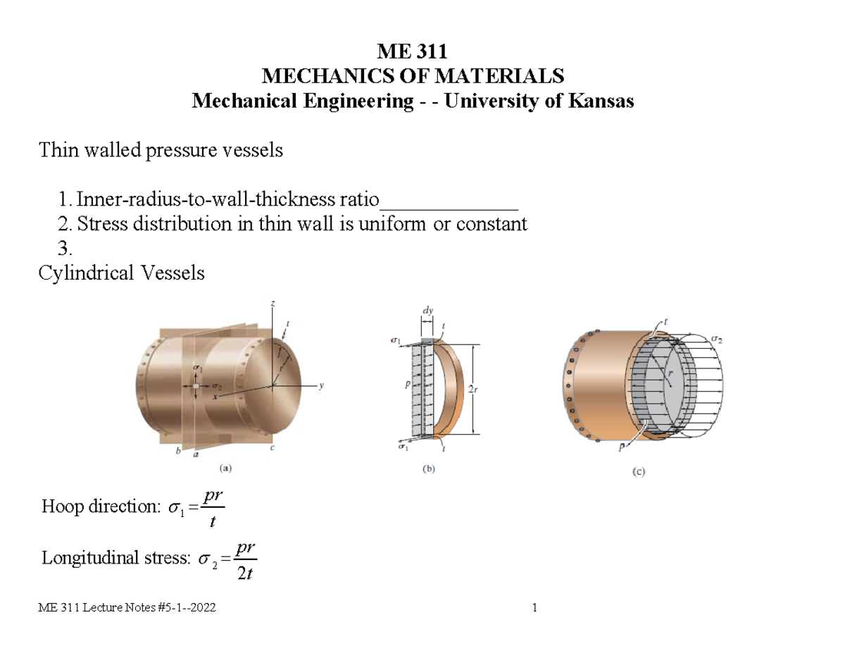 Lecture 5-1 Thin Walled Pressure Vessels And Combined Loading Blank ...