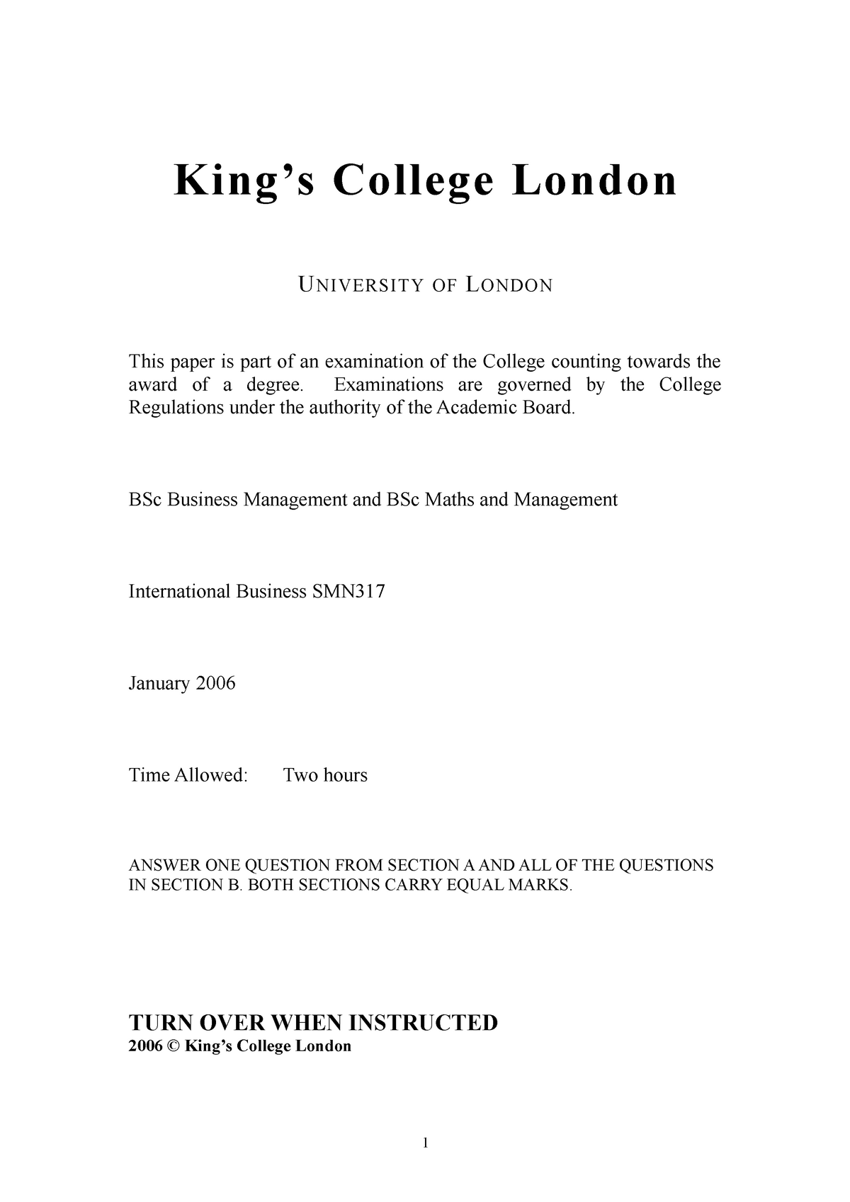 Exam January 2006 Questions - King’s College London UNIVERSITY OF ...