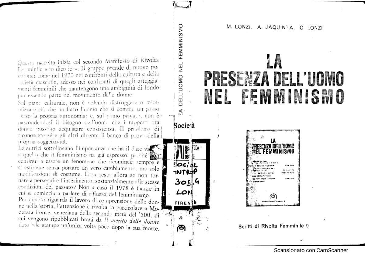 La Presenza Delluomo Nel Femminismo By Carla Lonzi, Marta Lonzi, Anna ...