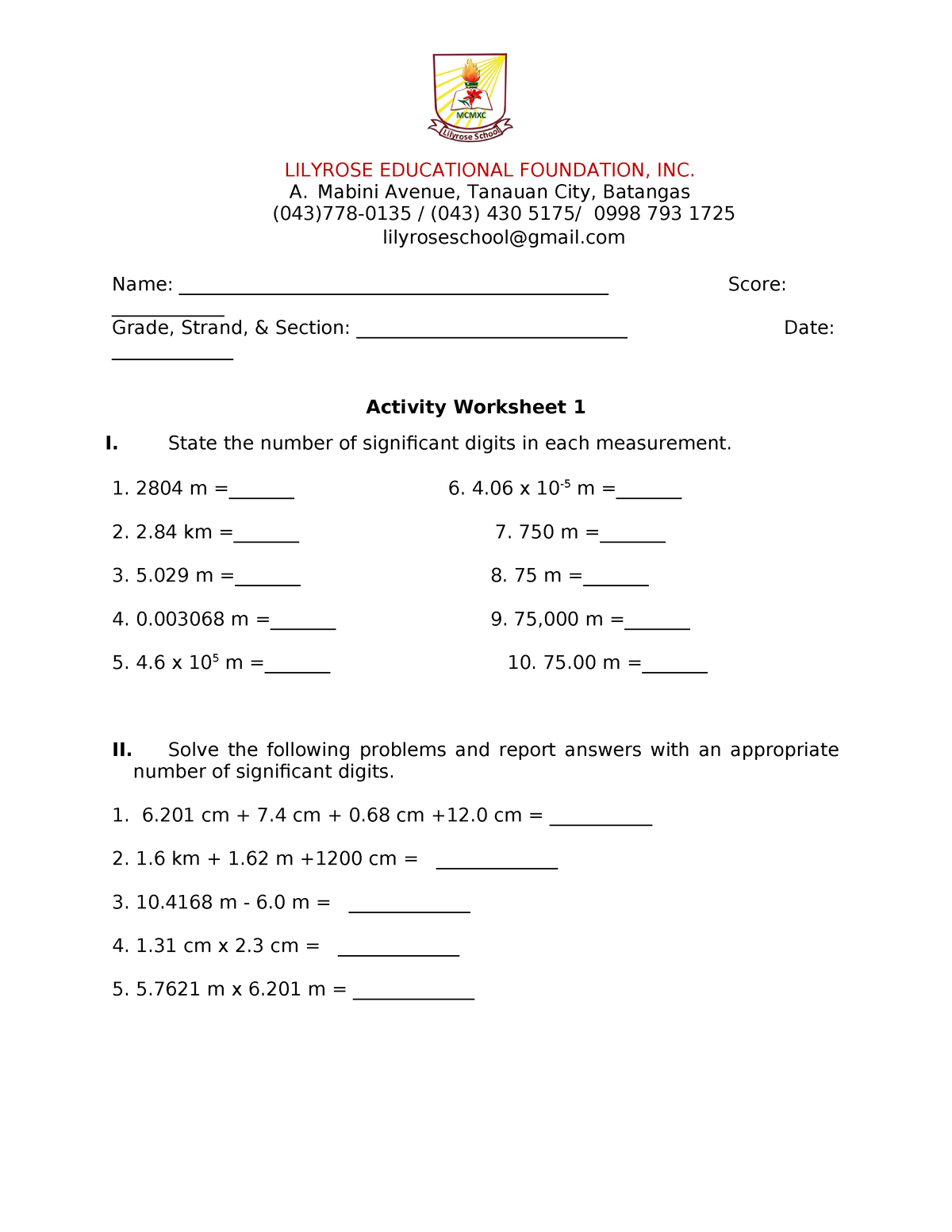 Activity Worksheet - physics - LILYROSE EDUCATIONAL FOUNDATION, INC. A ...