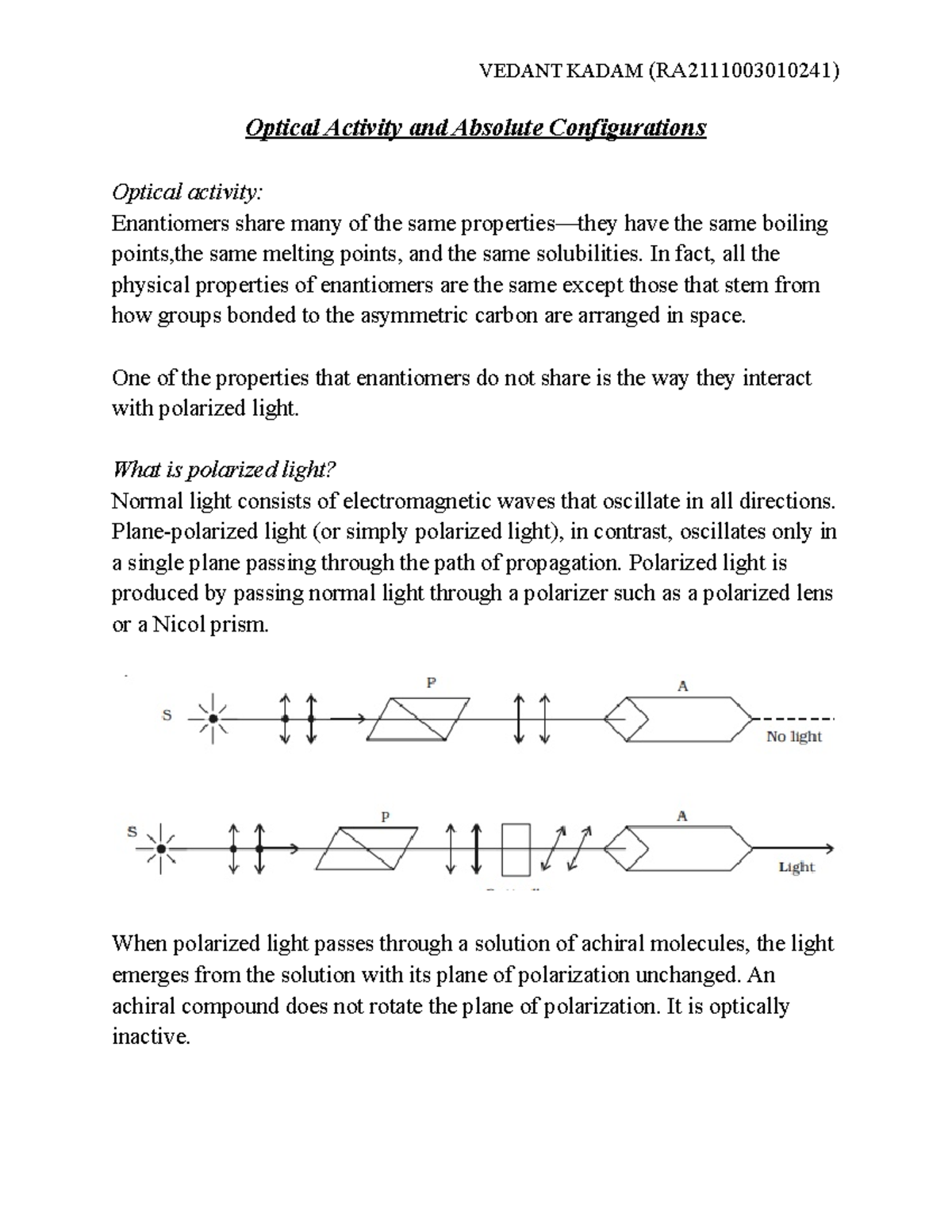 Optical activity and Absolute configurations VEDANT KADAM
