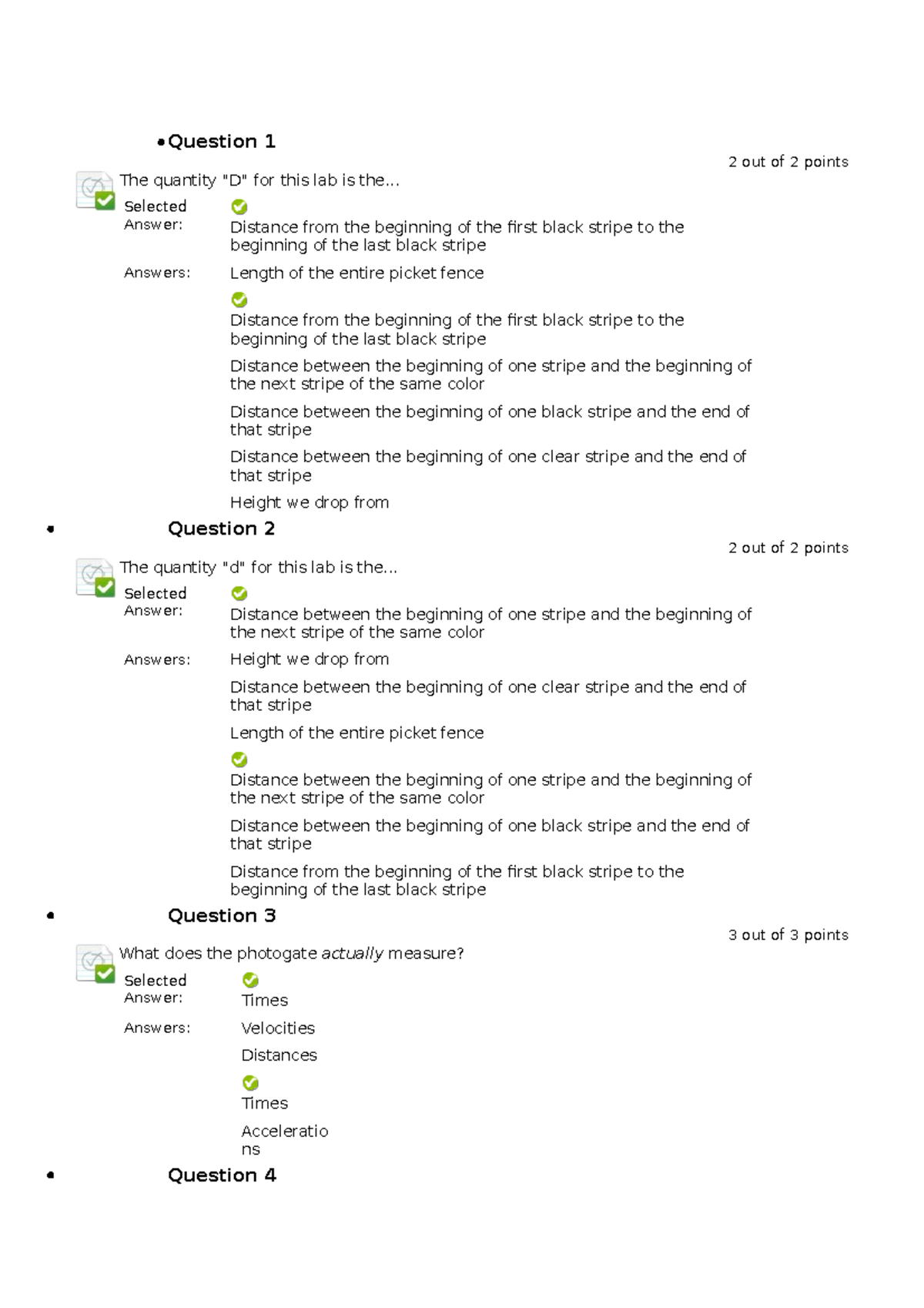 Phy133 - Acceleration prelab quiz - Question 1 2 out of 2 points The ...