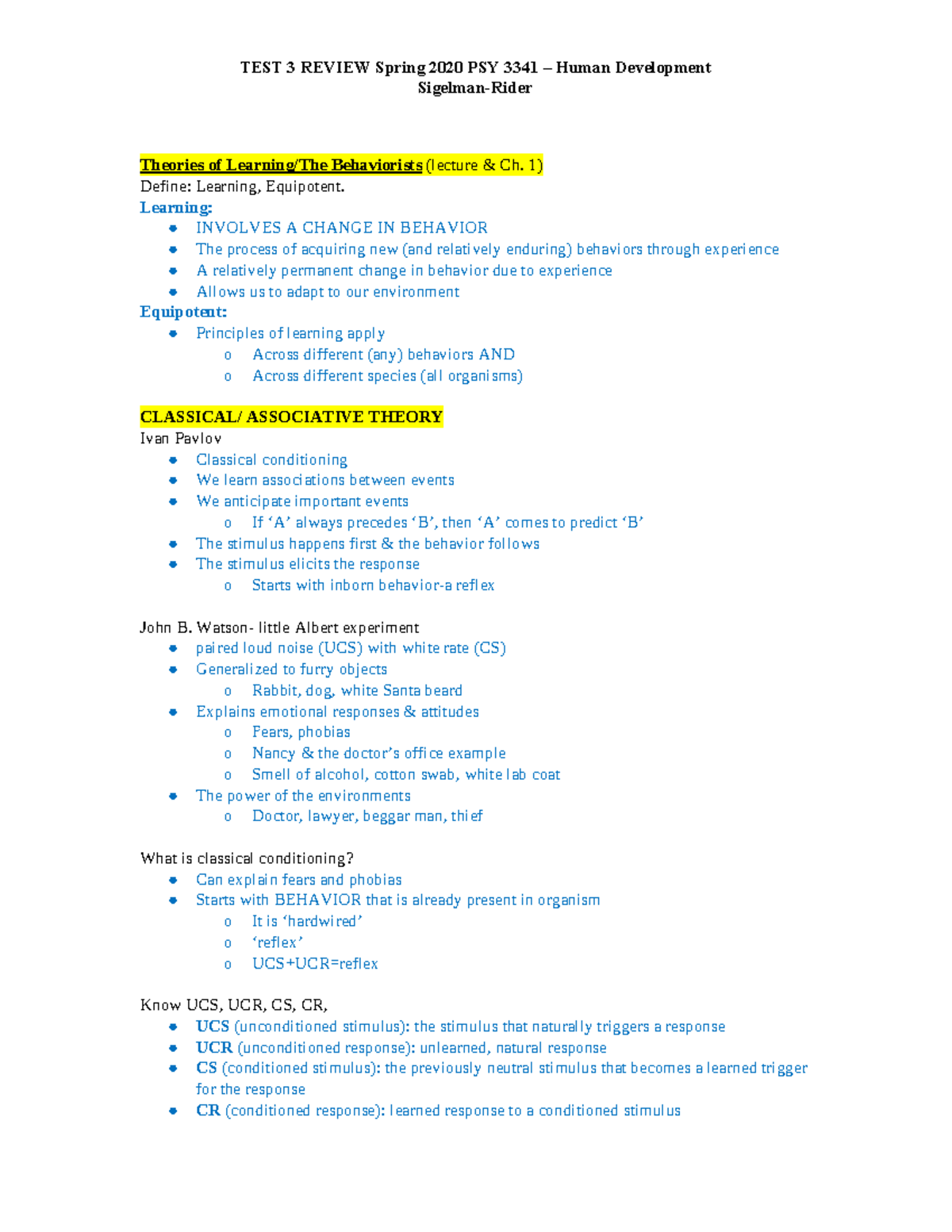 Psych Exam 3 Study Guide- 2020 - TEST 3 REVIEW Spring 2020 PSY 3341 ...