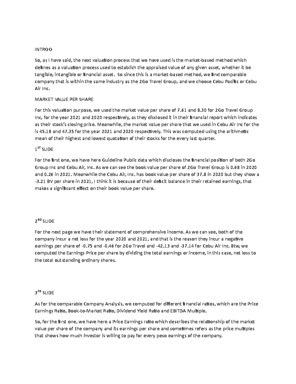 Script for PRoject - Market based valuation of 2GO travel group ...