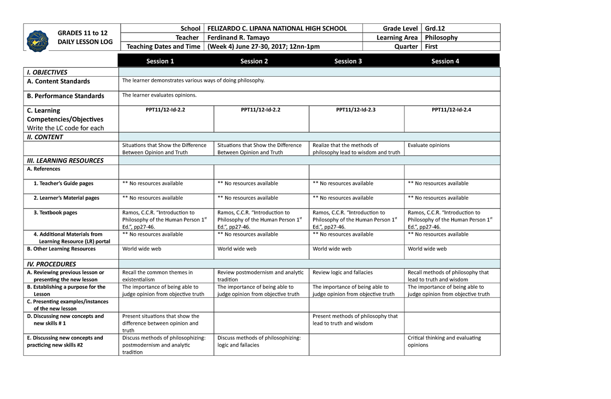 Scribd - LESSON PLAN - GRADES 11 to 12 DAILY LESSON LOG School ...