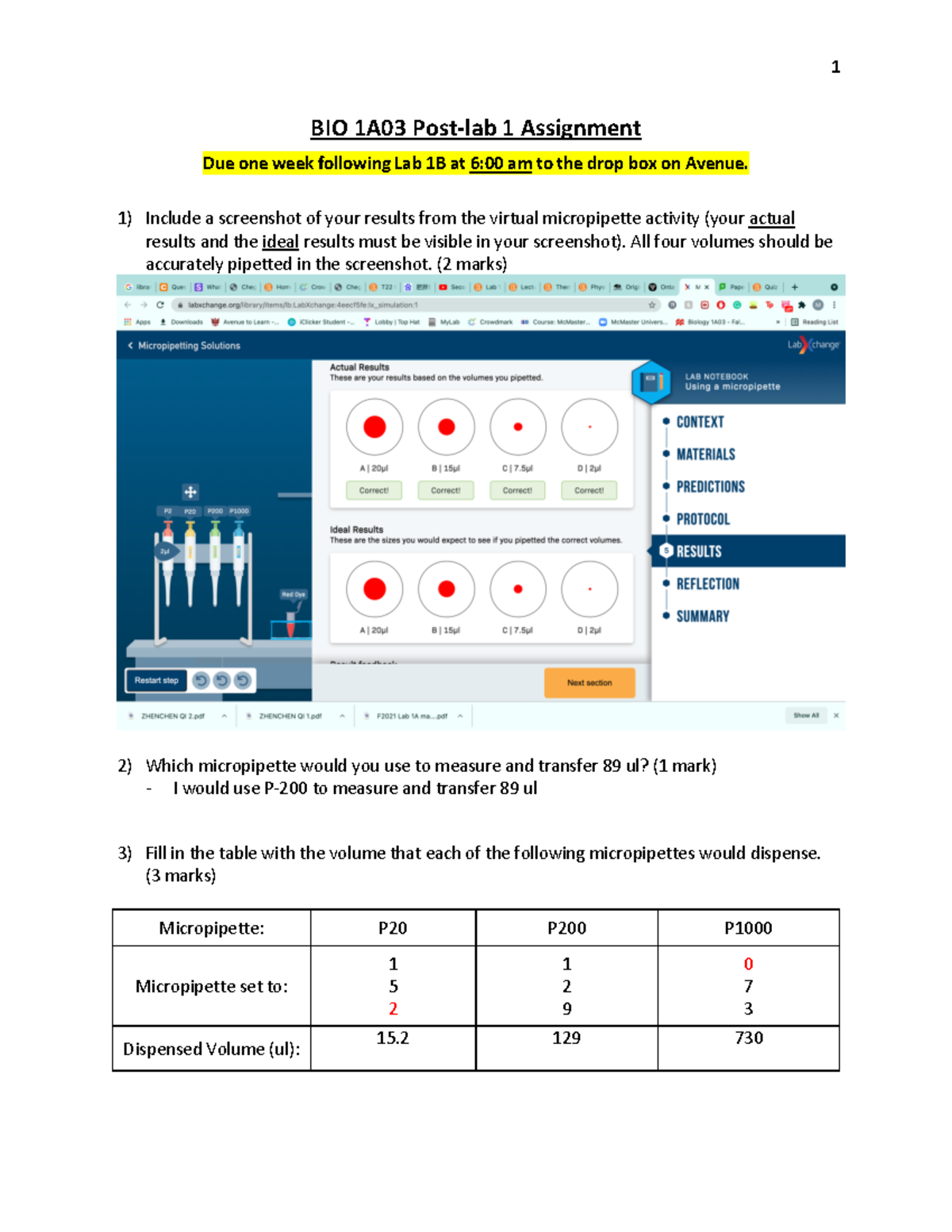 Post-lab 1 Assignment F2021 Biology - BIO 1A03 Post-lab 1 Assignment ...