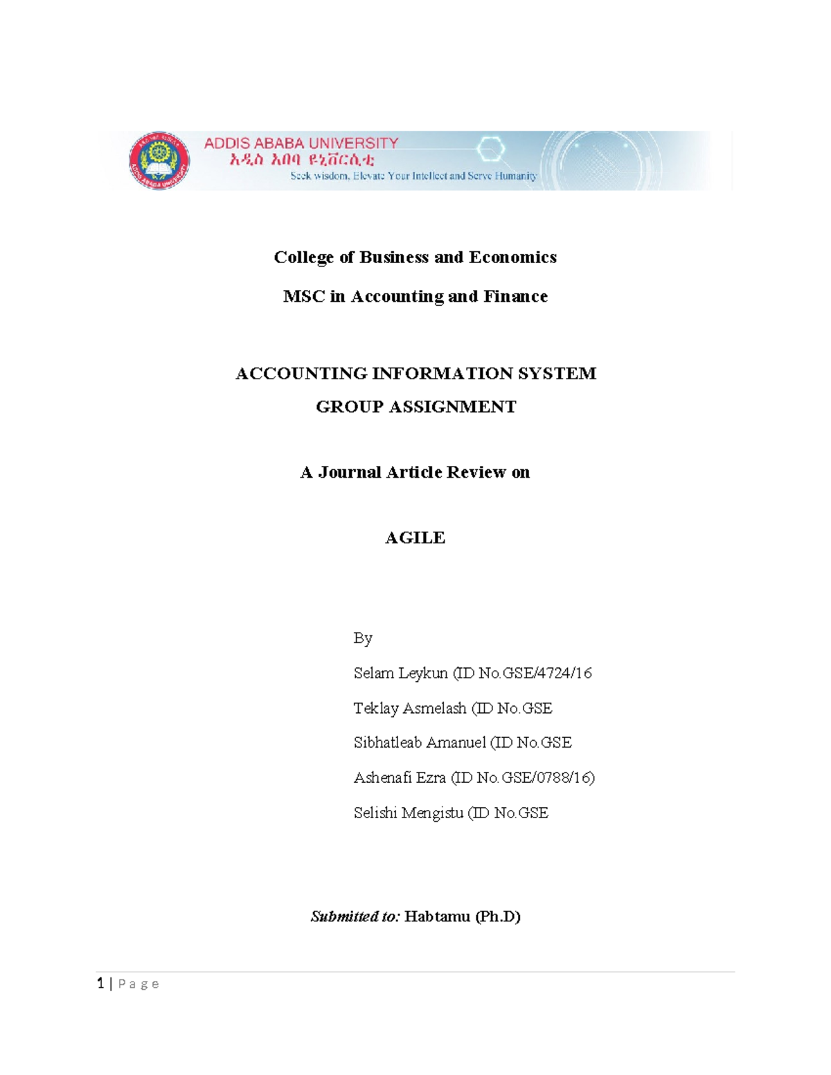 AIS group assignment 1 - College of Business and Economics MSC in ...