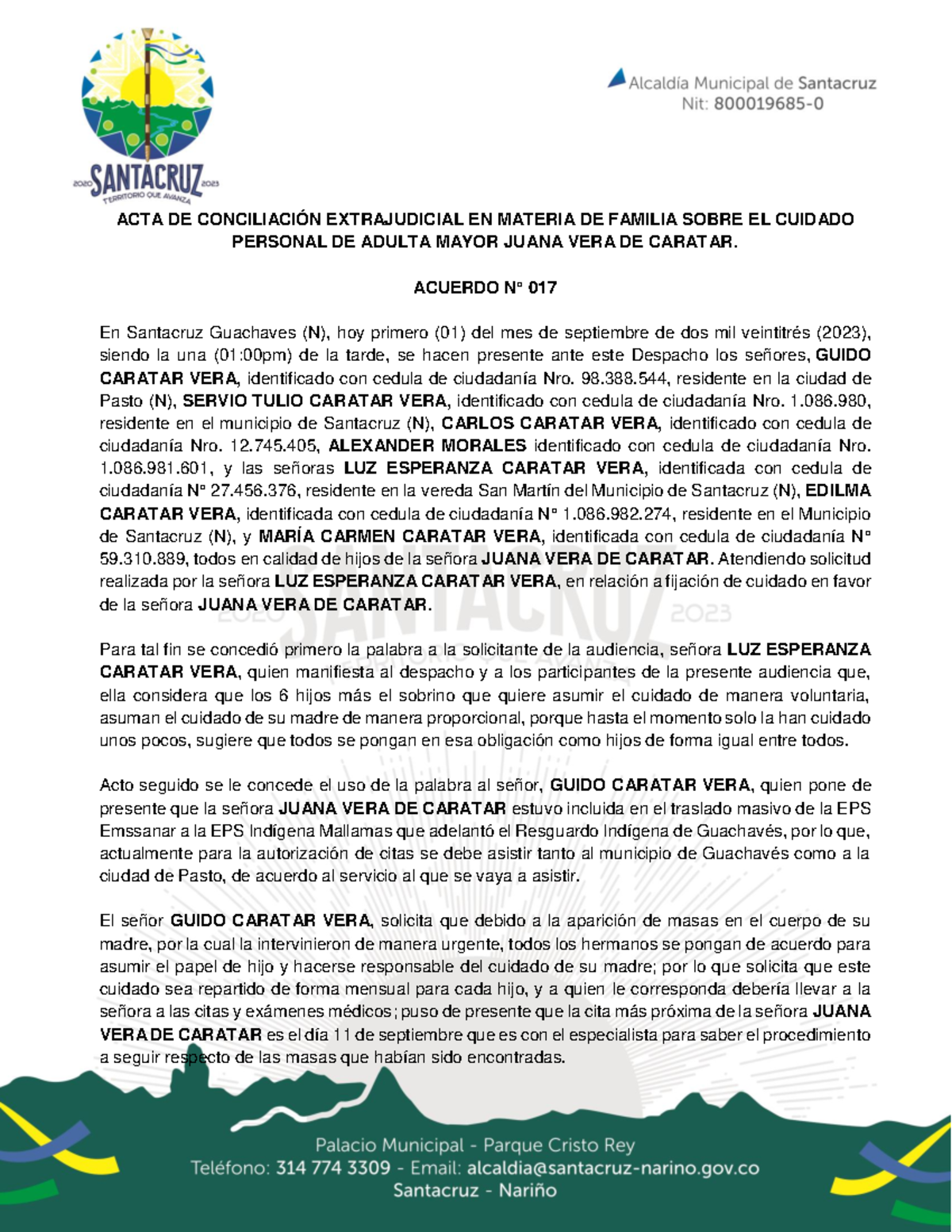 Acuerdo No. 017 - ACTA DE CONCILIACIÓN EXTRAJUDICIAL EN MATERIA DE ...