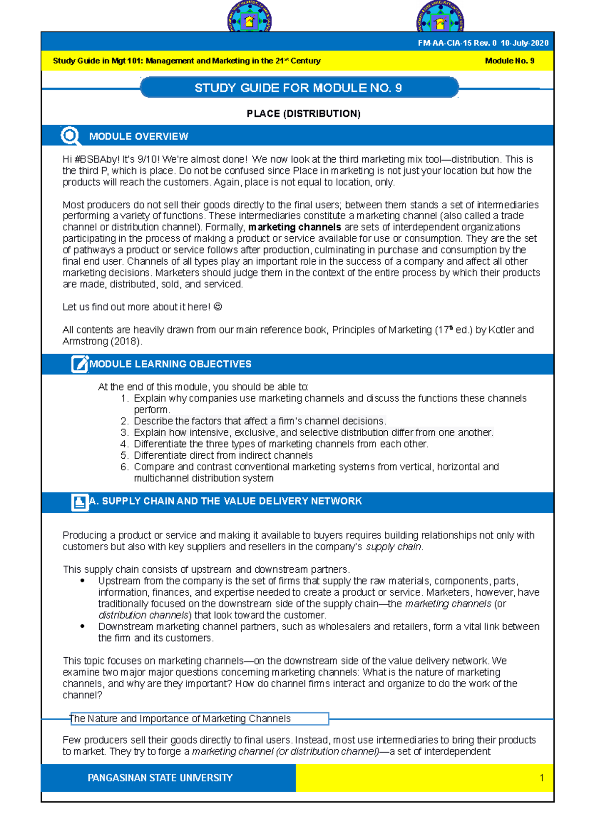 Mgt 101 SG-9-Study guide number 9 - PLACE (DISTRIBUTION) MODULE ...