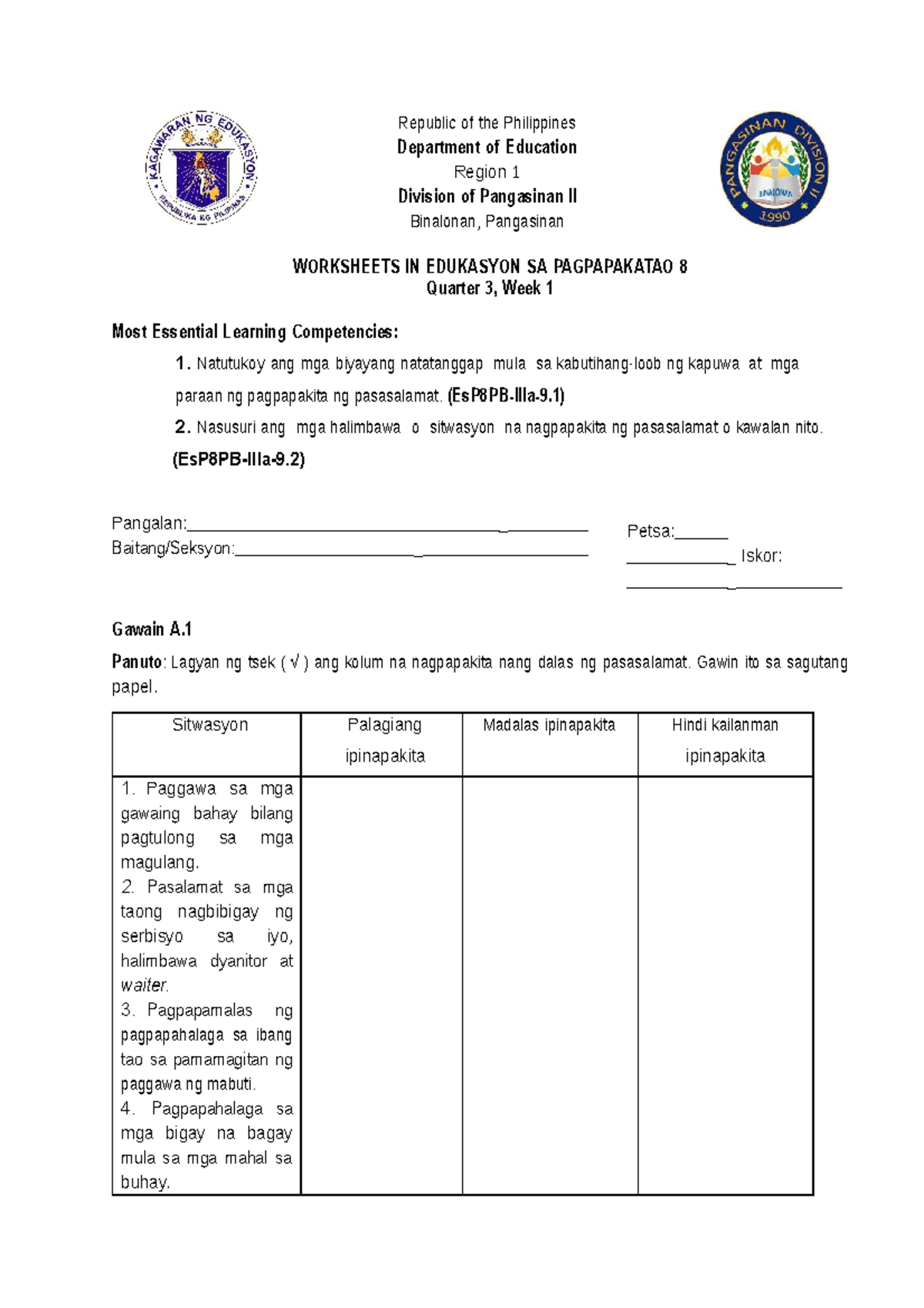 Es P 8 Q3 Quiz 1 - Quiz - Republic Of The Philippines Department Of ...