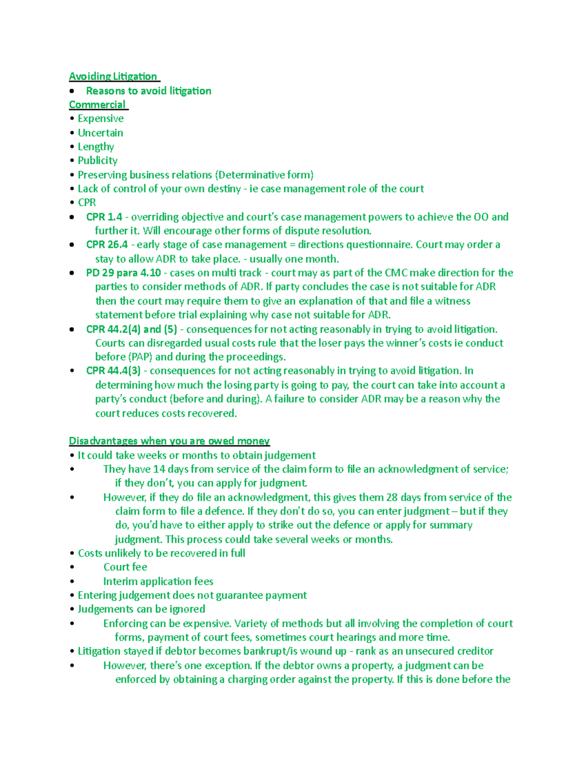 Avoiding Litigation - law lecture notes - **Avoiding Litigation Reasons ...