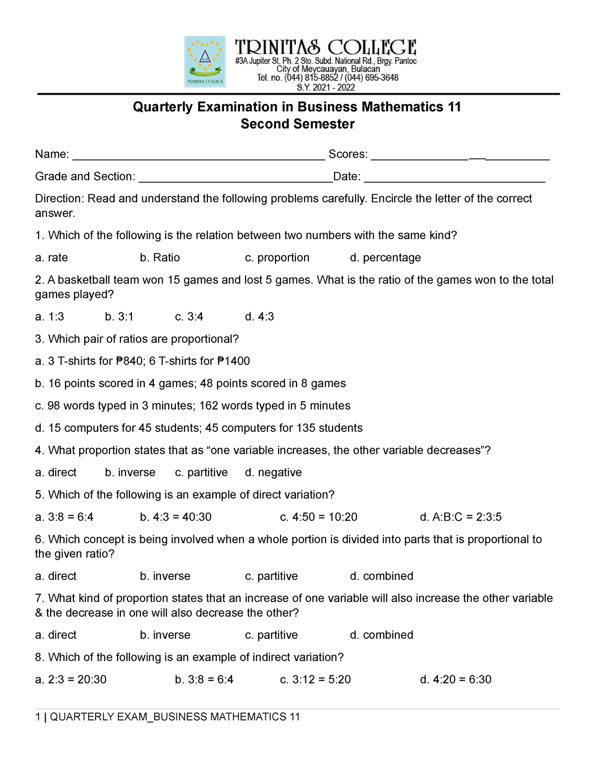 Business MATH 4TH QTR EXAM 2ND SEM - Quarterly Examination In Business ...