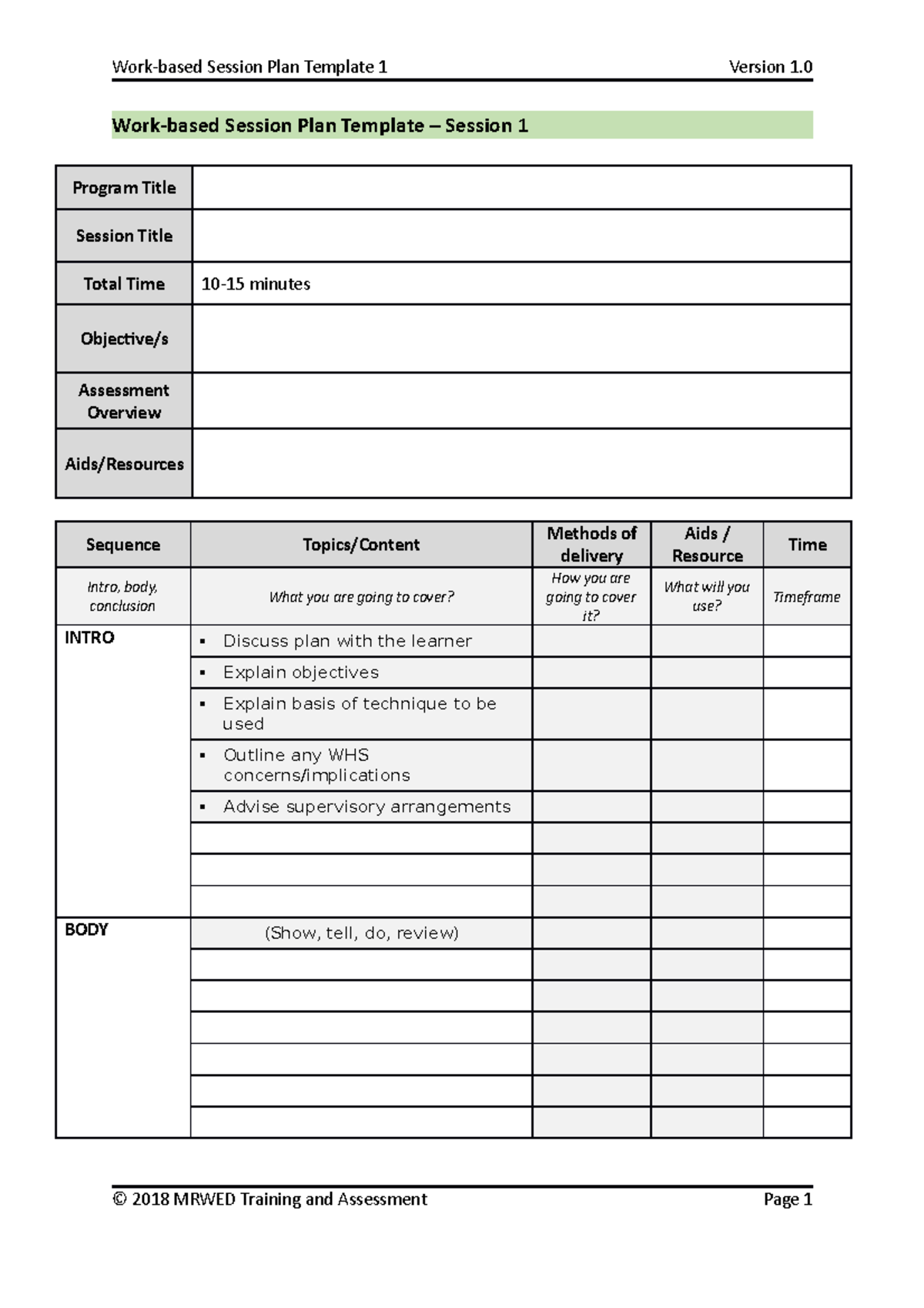 7b. Work-based Session Plan Template 1 - Work-based Session Plan ...