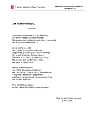 Poema - A MI Hermano Miguel - Interpretación - CÁTEDRA VALLEJO A MI HERMANO  MIGUEL In memoriam - Studocu