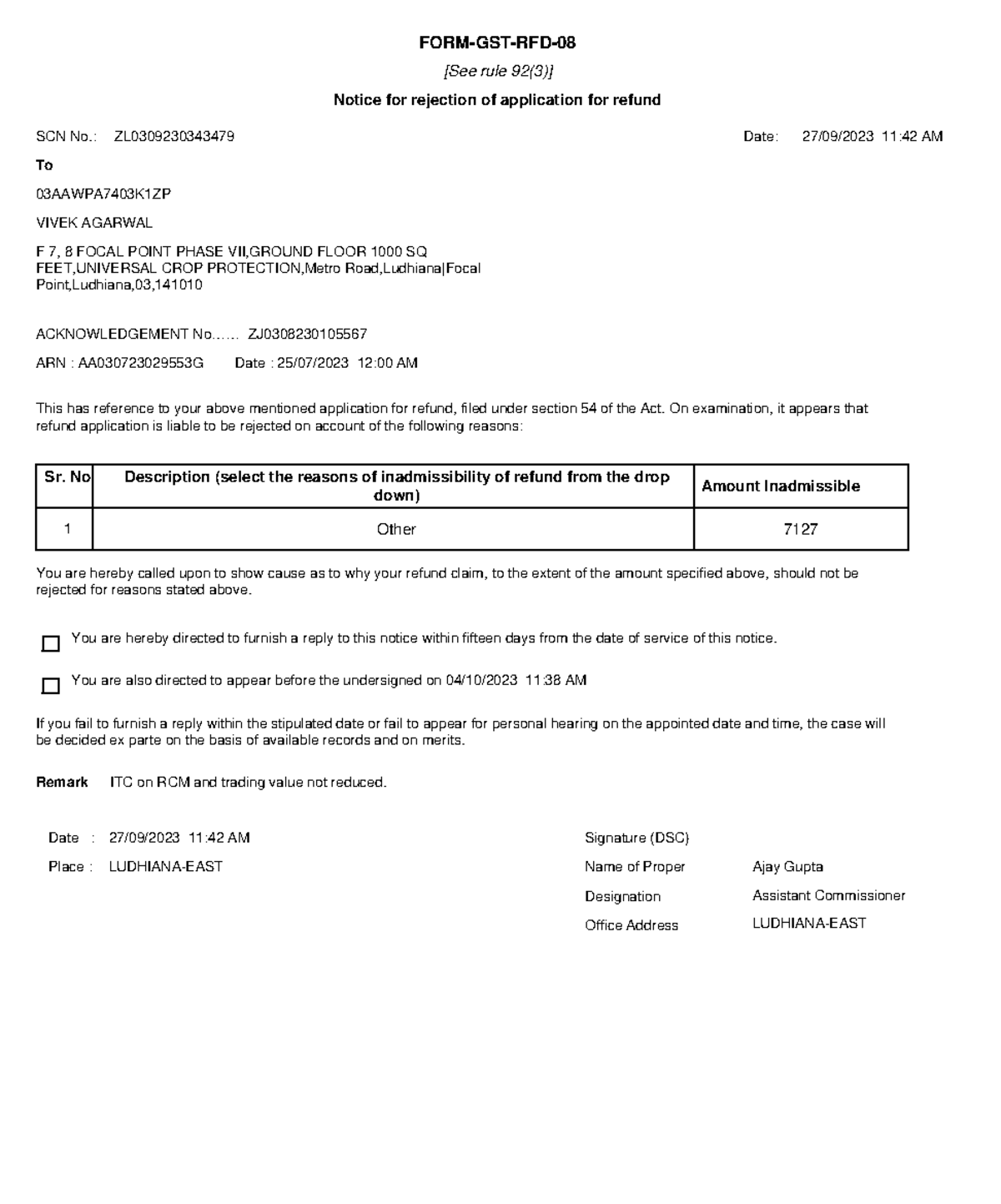 Document - FORM-GST-RFD- Notice for rejection of application for refund ...