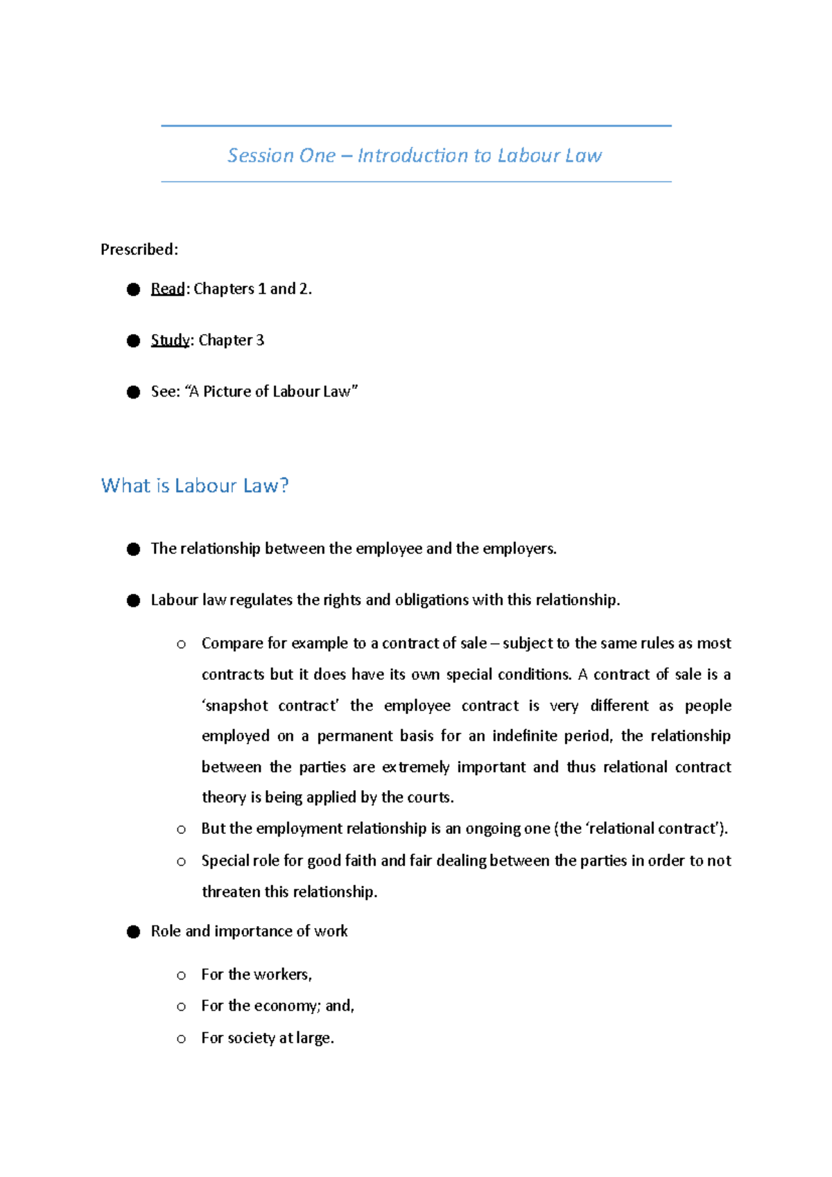 Labour Law - Merc 311 - Notes - Session One – Introduction to Labour ...