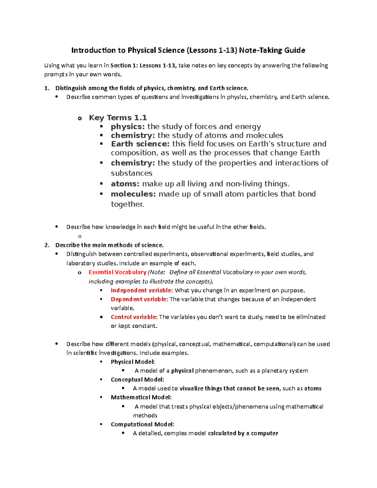 Section 1 Introduction To Physical Science (lessons 1-13) DONE ...