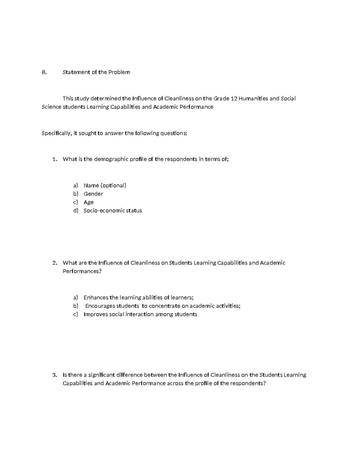 SOP just an example - B. Statement of the Problem This study determined ...