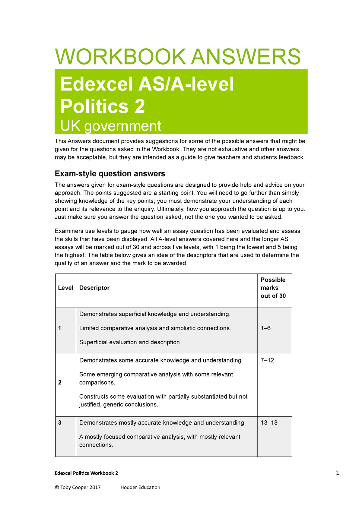 Politics Edexcel Workbook 2 Answers WORKBOOK ANSWERS Edexcel AS/A