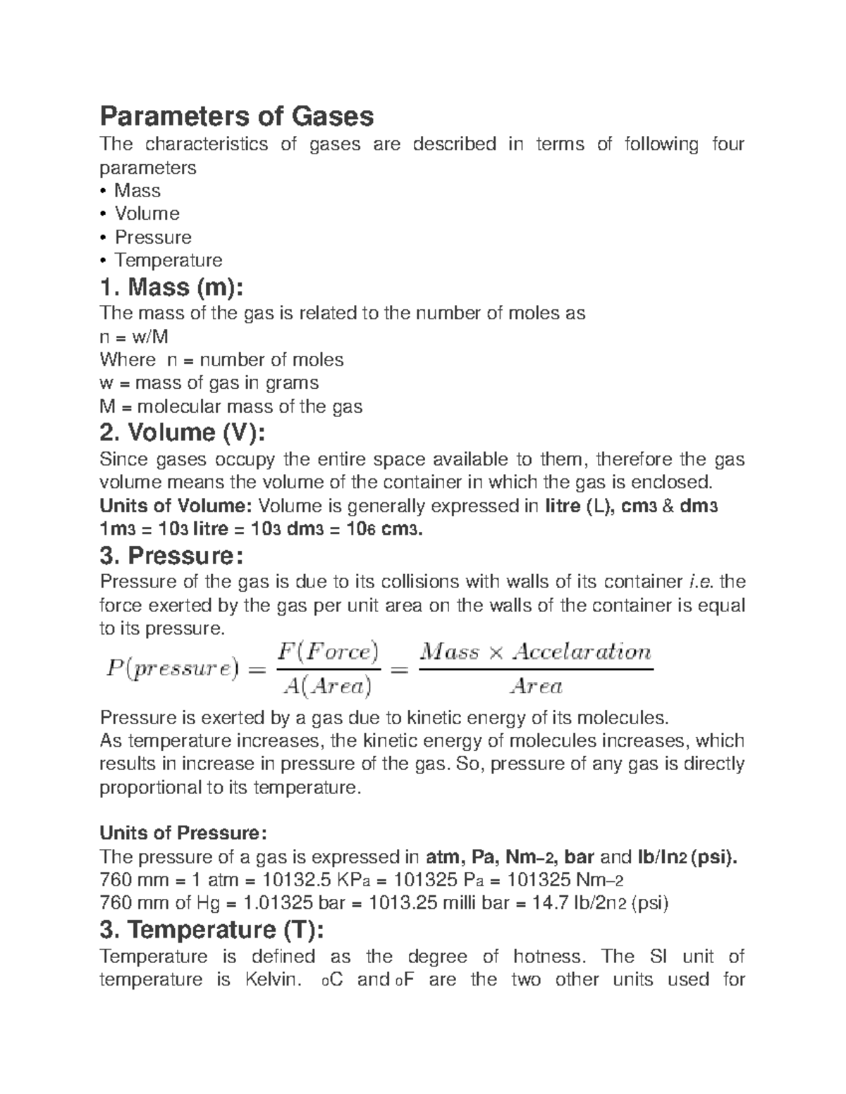 Parameters of Gases chem - Parameters of Gases The characteristics of ...