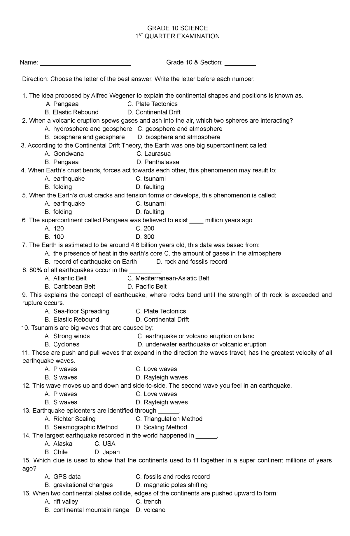 Grade-10 science-1st-quarter-exam - GRADE 10 SCIENCE 1 ST QUARTER ...