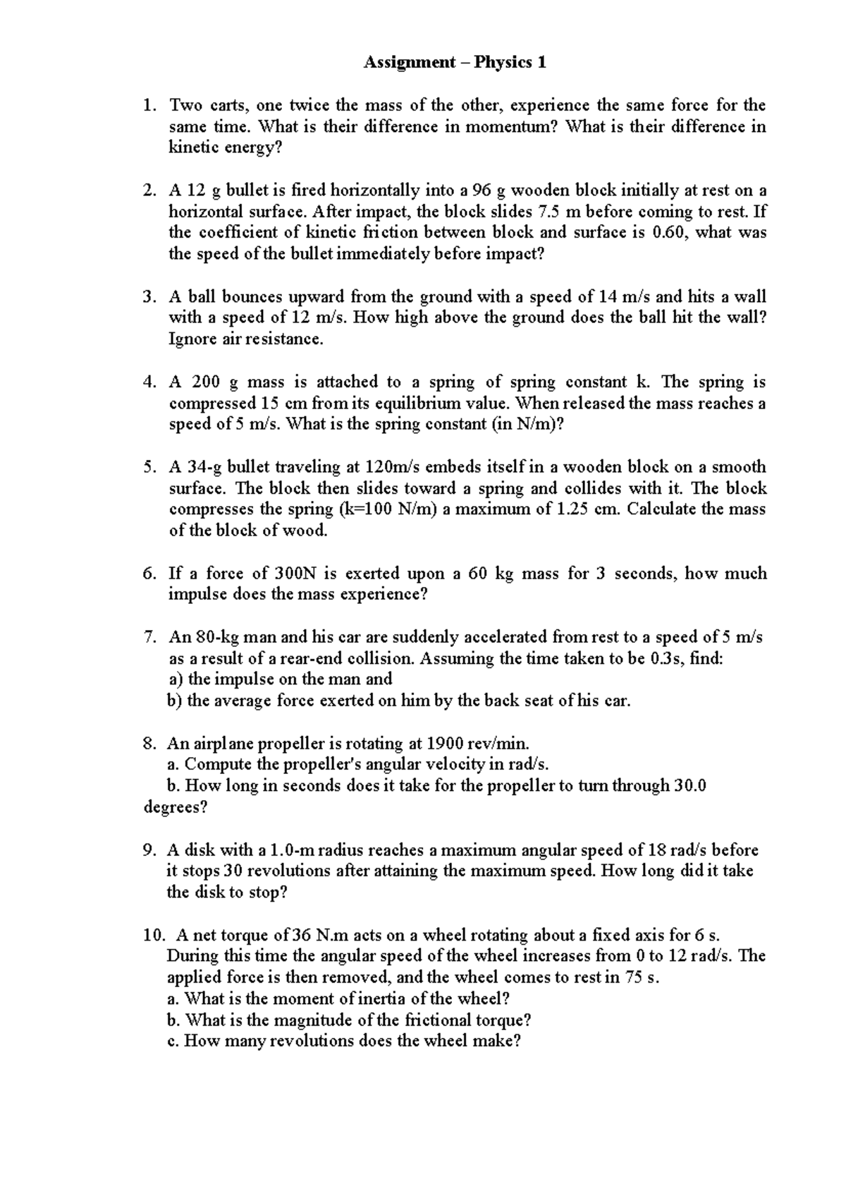 Assignment for Physics 1 - Assignment – Physics 1 Two carts, one twice ...