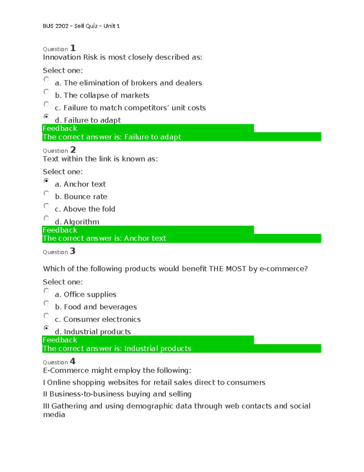 BUS 2202 – Self Quiz – Unit 1 - BUS 2202 – Self Quiz – Unit 1 Question ...