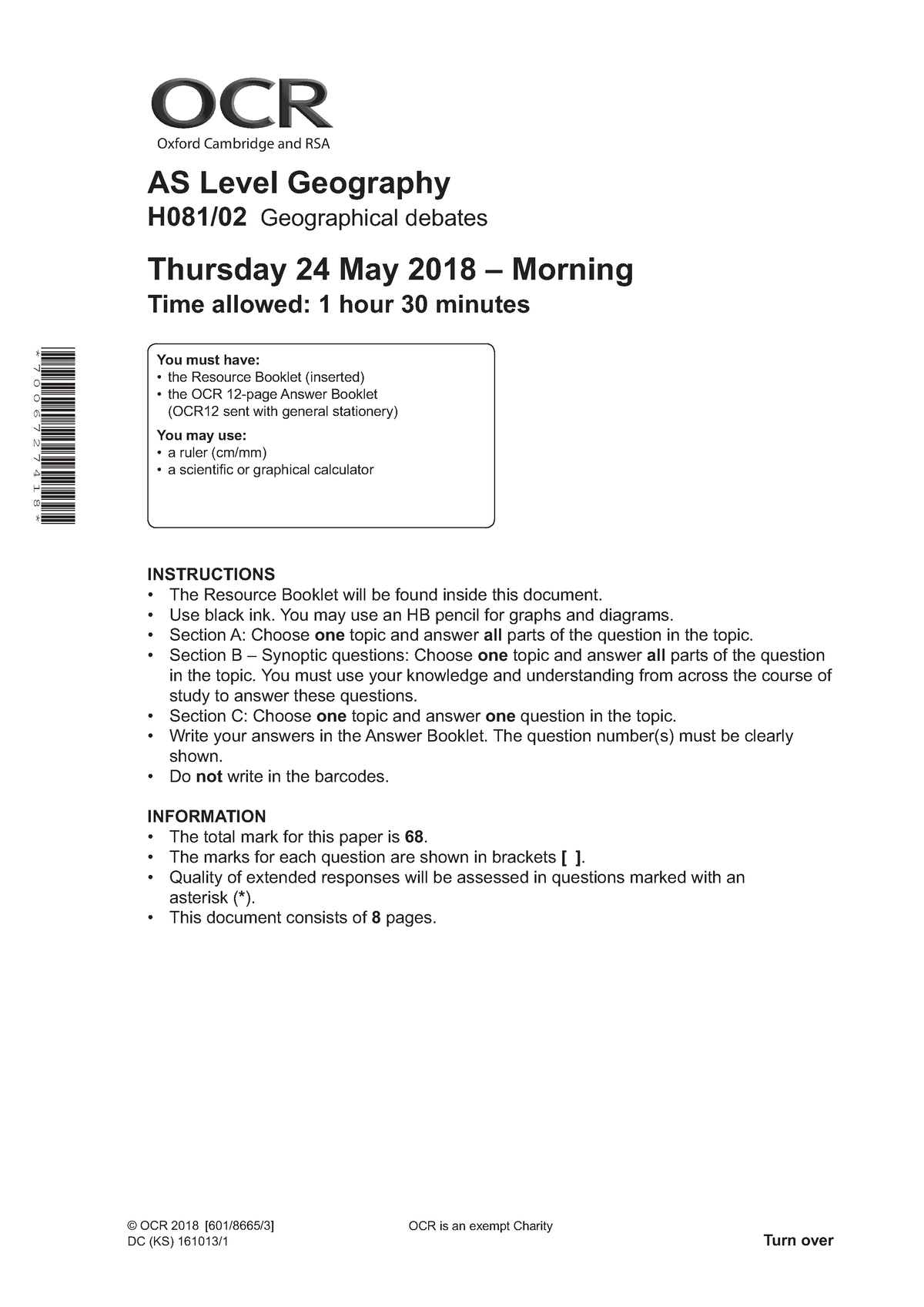 Geographical Debates Qp Exam Paper Turn Over C Ocr 18 601 8665 3 Dc Ks Oxford Studocu