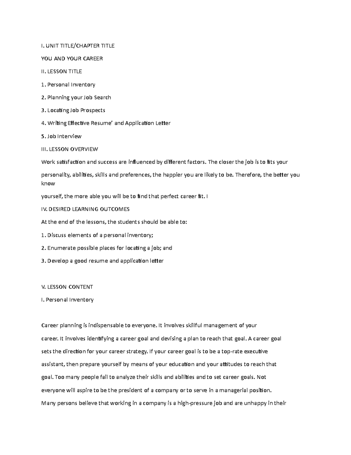 Office and System Management - I. UNIT TITLE/CHAPTER TITLE YOU AND YOUR ...