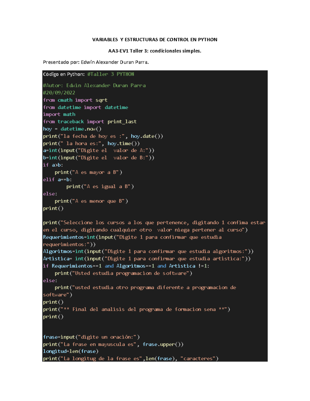 AA3-EV1 Taller 3 Edwin Durán - VARIABLES Y ESTRUCTURAS DE CONTROL EN ...