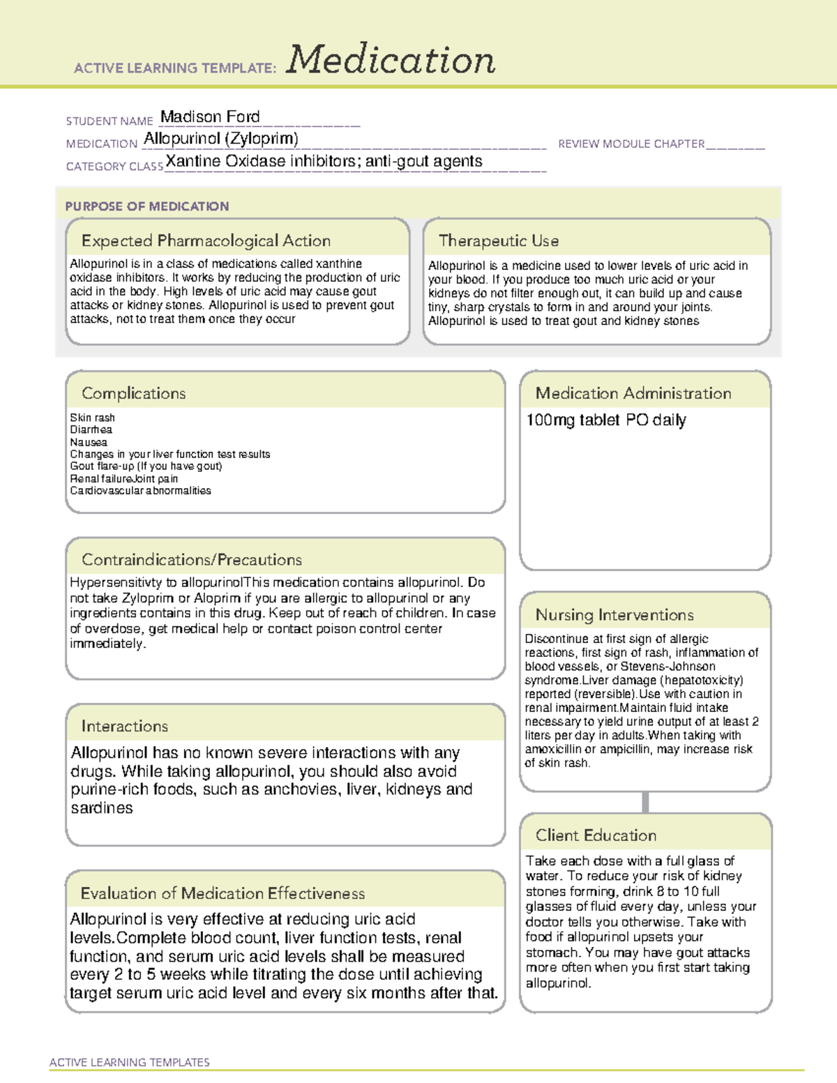 Allopurinol ATI Template ACTIVE LEARNING TEMPLATES Medication STUDENT NAME Studocu