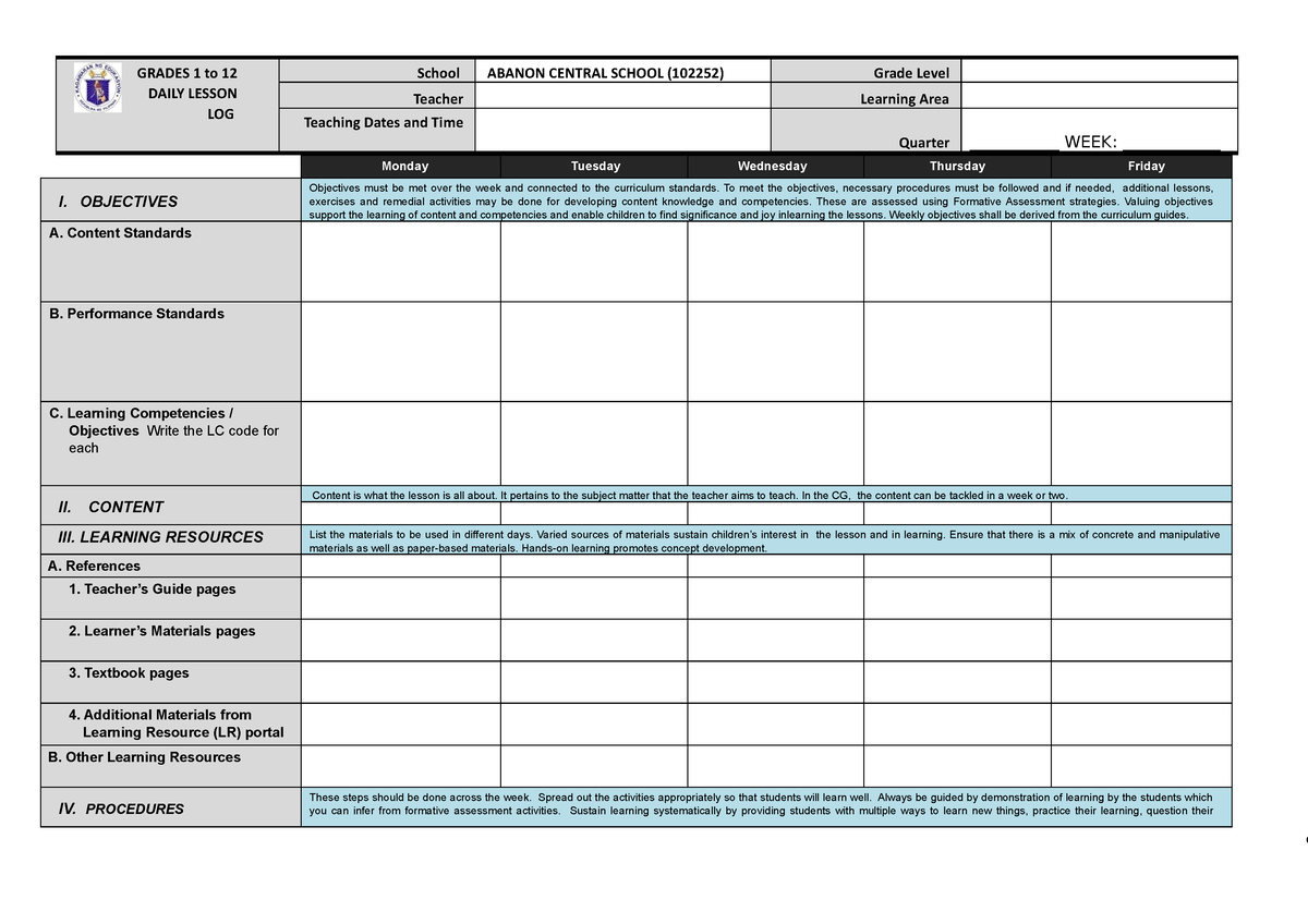 DLL Template English Medium - GRADES 1 To 12 DAILY LESSON LOG School ...