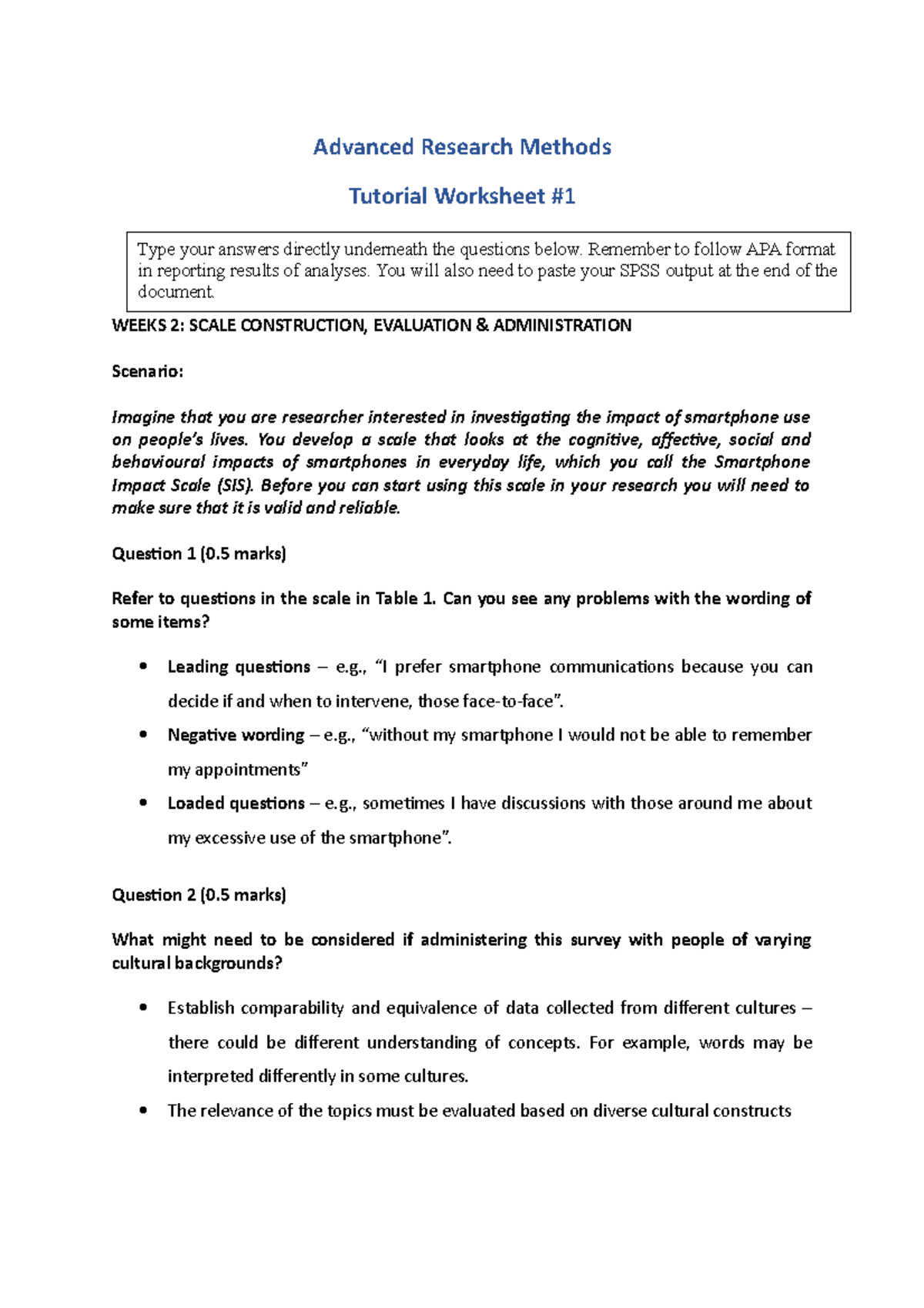 Tutorial Worksheet #1 WSU advanced research methods 2022 - 101689 - UWS ...