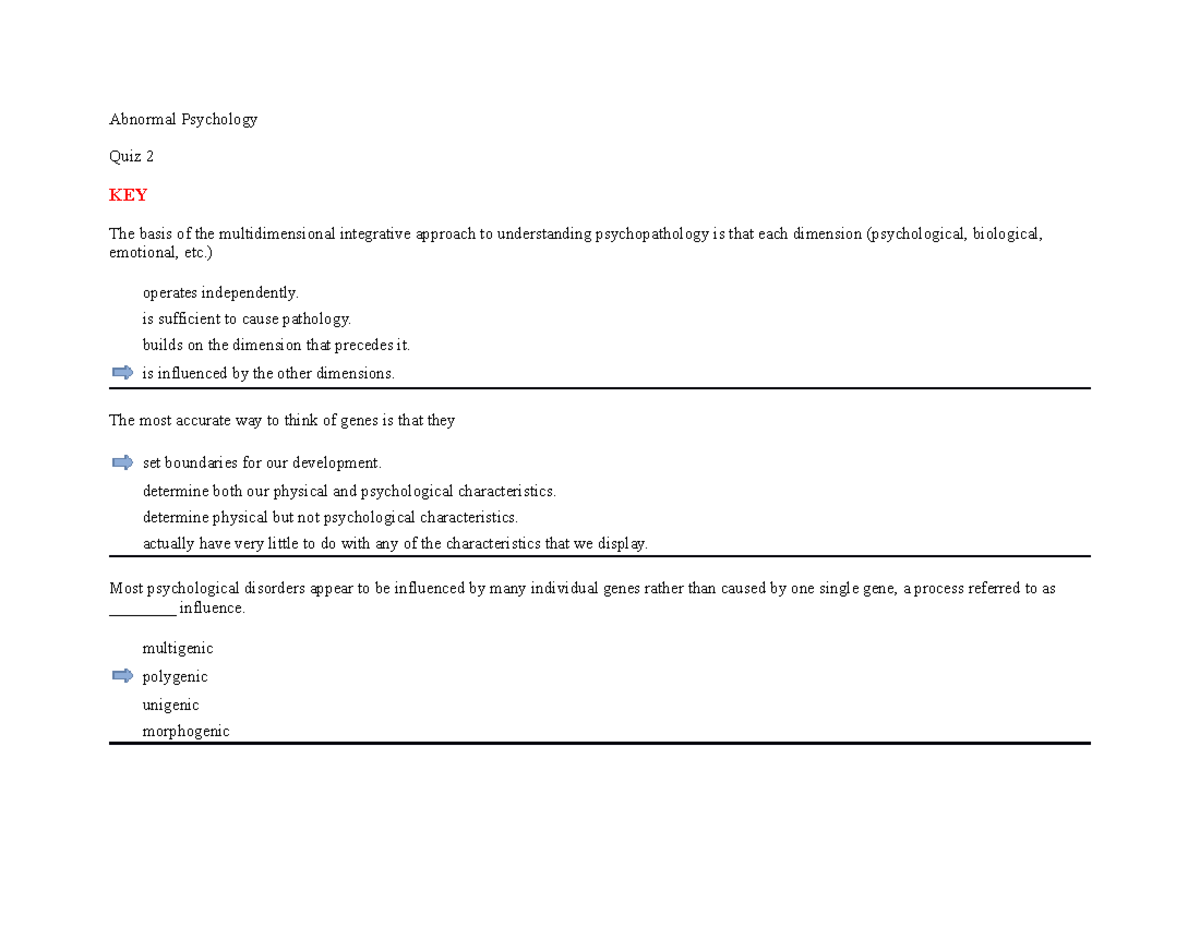 Abnormal Behavior (Quiz 2 KEY) - Abnormal Psychology Quiz 2 KEY The ...