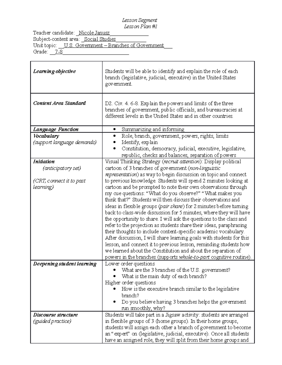 UDL Lesson Plan - Lesson Segment Lesson Plan # Teacher candidate ...