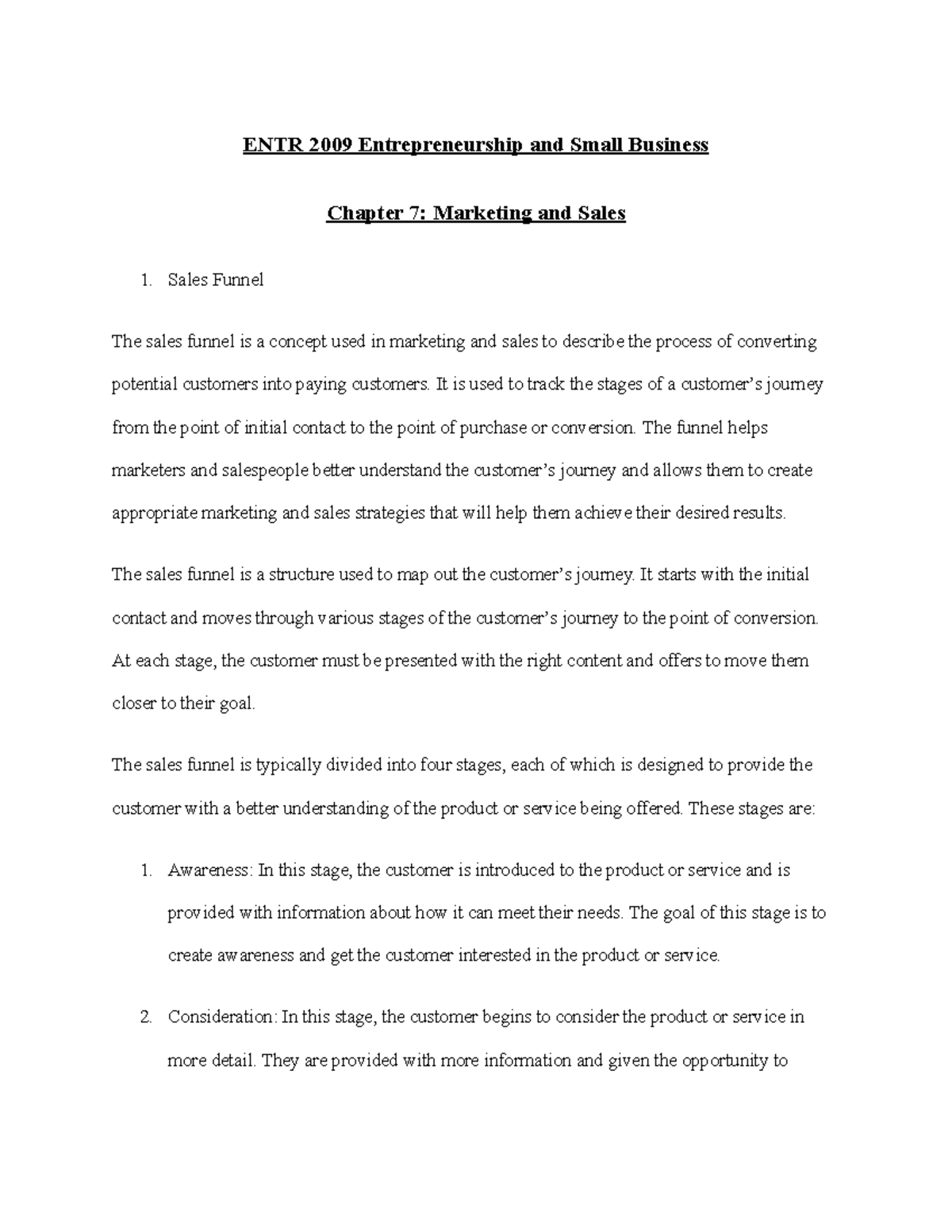 Chapter 7- Marketing and Sales - ENTR 2009 Entrepreneurship and Small ...