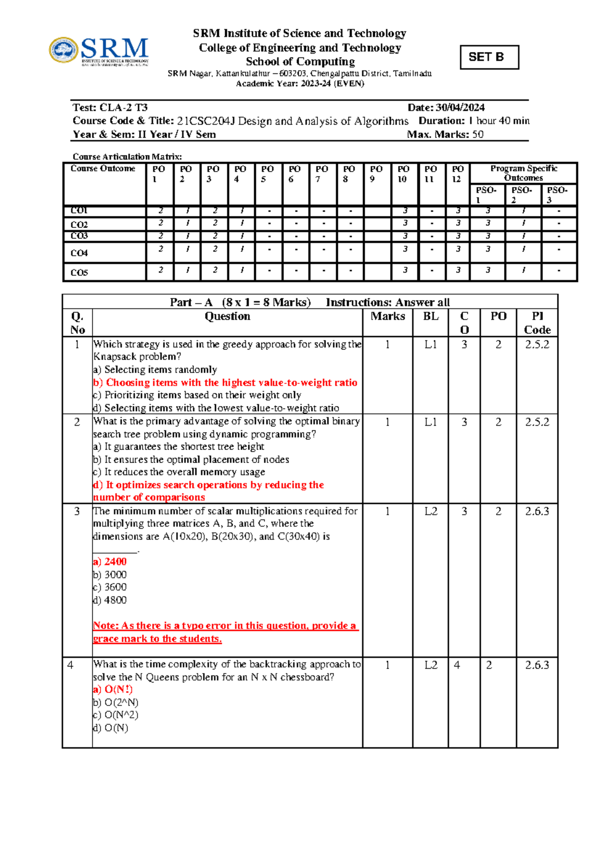 SET B DAA CT2 Answer Key 2024 - SRM Institute of Science and Technology ...