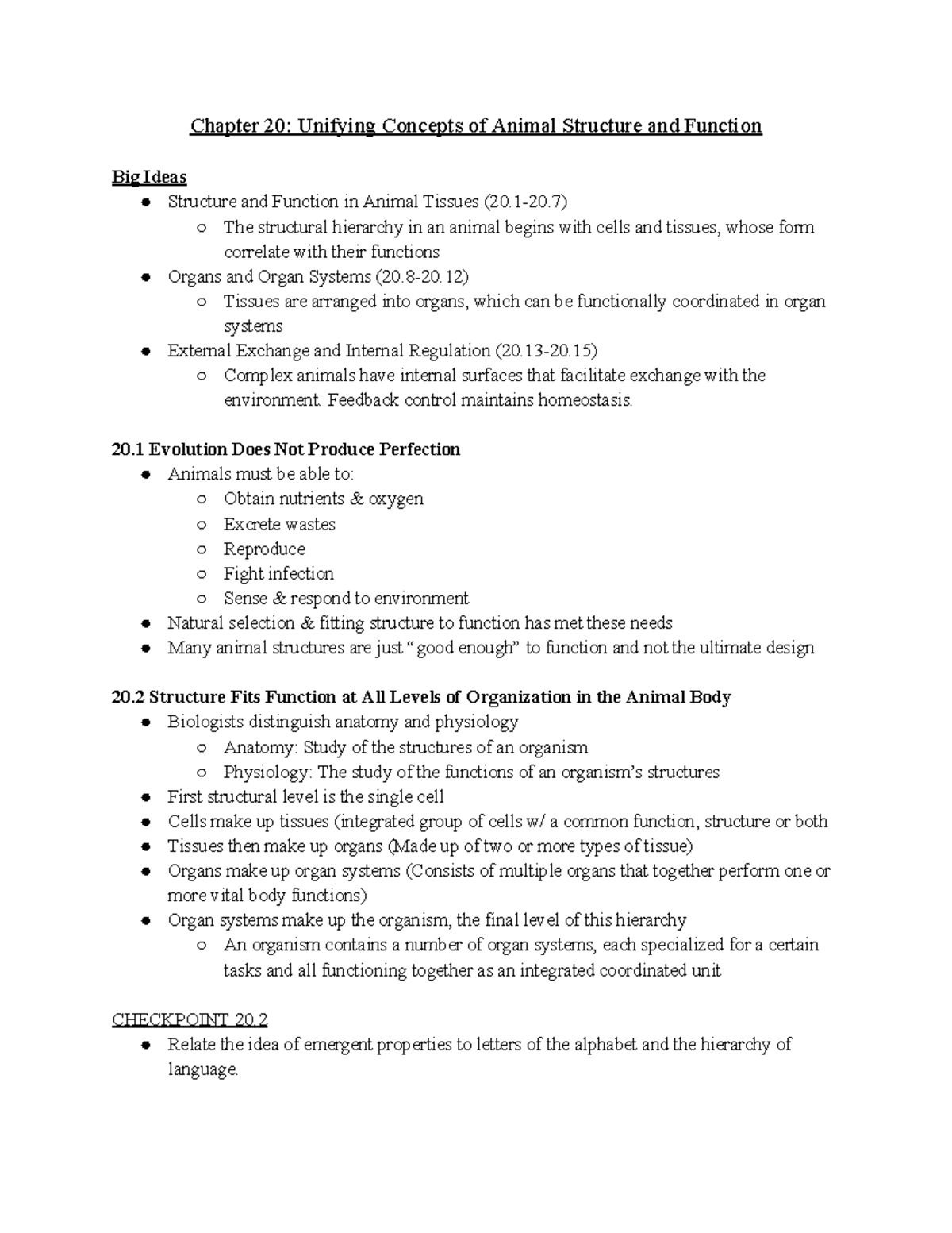 Chapter 20 Textbook Notes - Chapter 20: Unifying Concepts of Animal ...