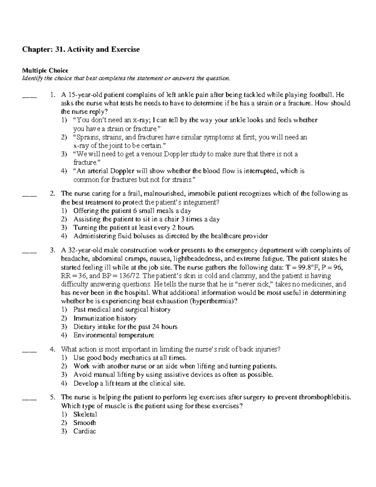 Pdf - Review - Chapter: 31. Activity And Exercise Multiple Choice ...