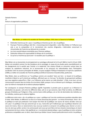 Fiche De Lecture De Max Weber Le Metier Et La Vocation De L Homme Politique Salvador Romero Acteurs Et Organisations Politiques Mr Vuylsteker Max Weber Le Tier Studocu