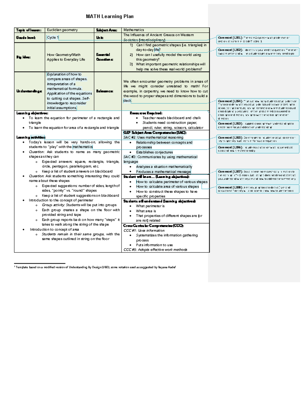 Learningplan - N/A - MATH Learning Plan Topic of lesson: Euclidian ...