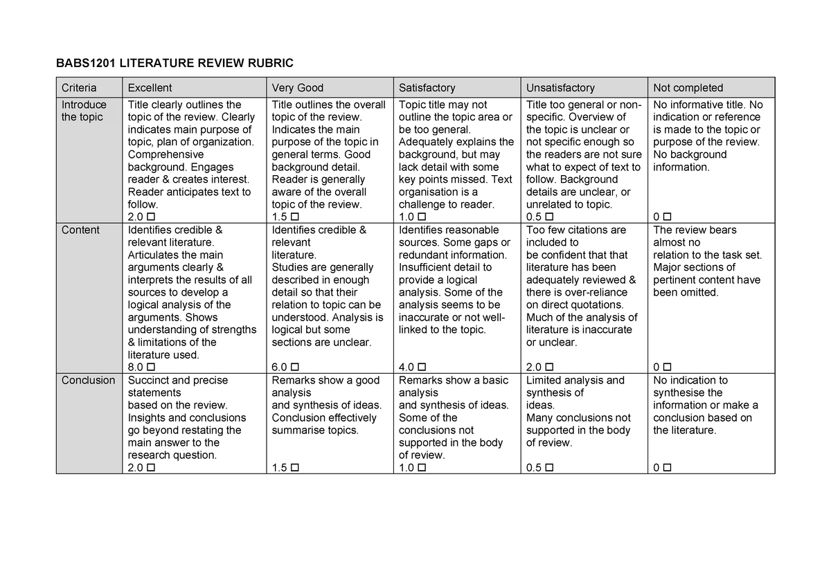 a literature review rubric