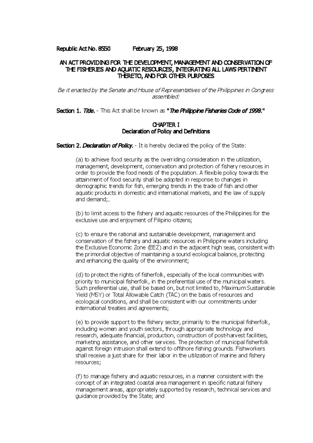 The Philippine Fisheries Code of 1998 - Republic Act No. 8550 February ...