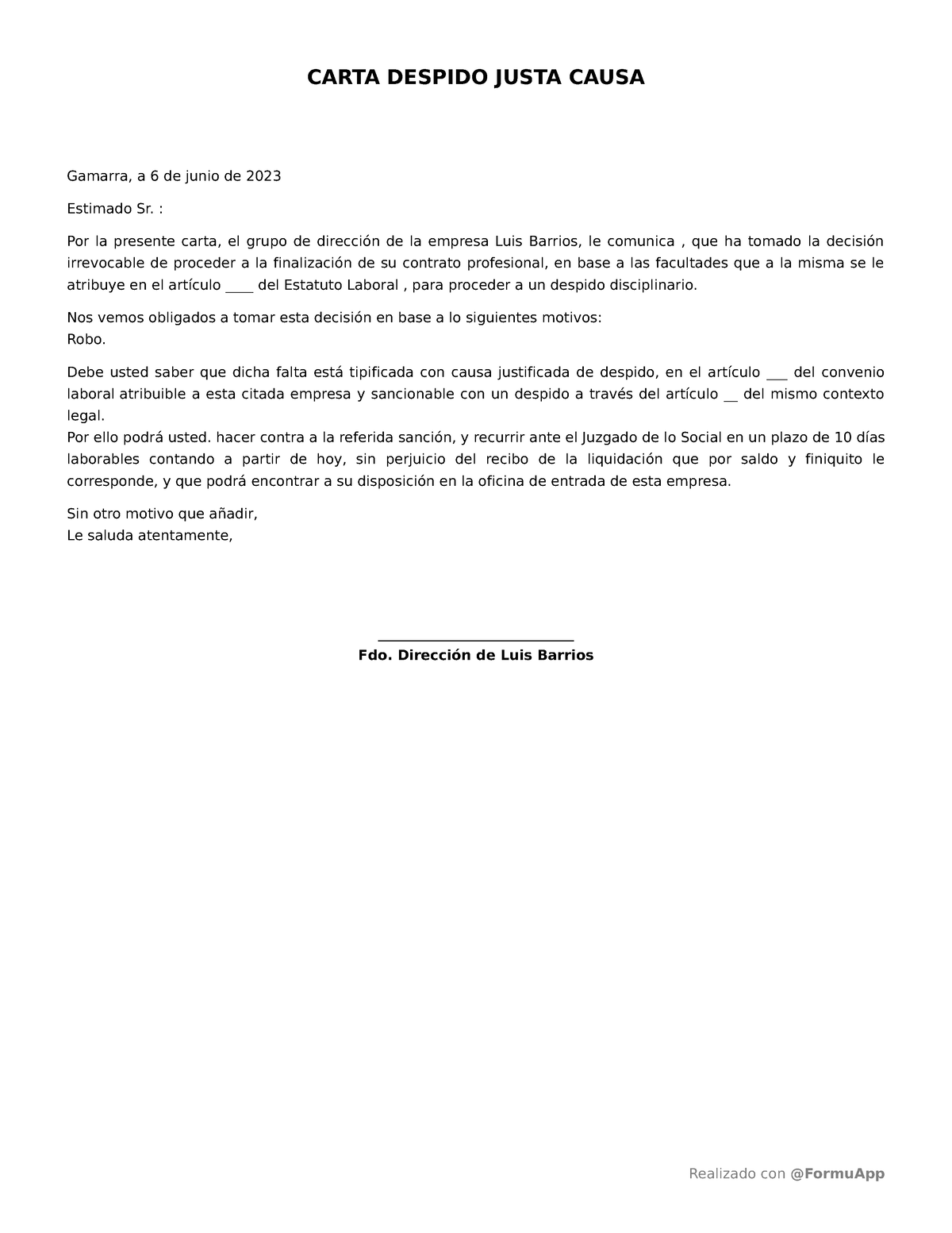 Carta Despido Justa Causa Realizado Con Formuapp Carta Despido Justa Causa Gamarra A 6 De 3176