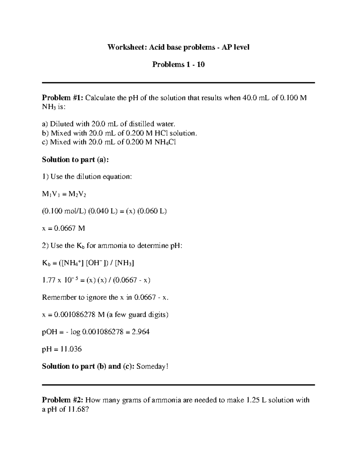 Buffer problems 2 with answers Worksheet Acid base problems AP