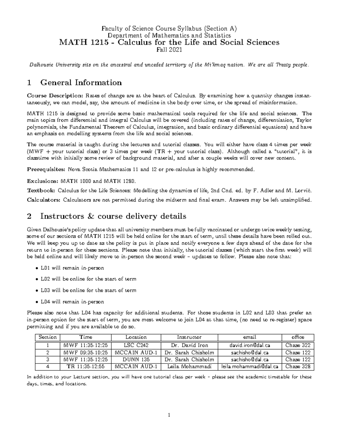 Math 1215 Syllabus Faculty of Science Course Syllabus (Section A