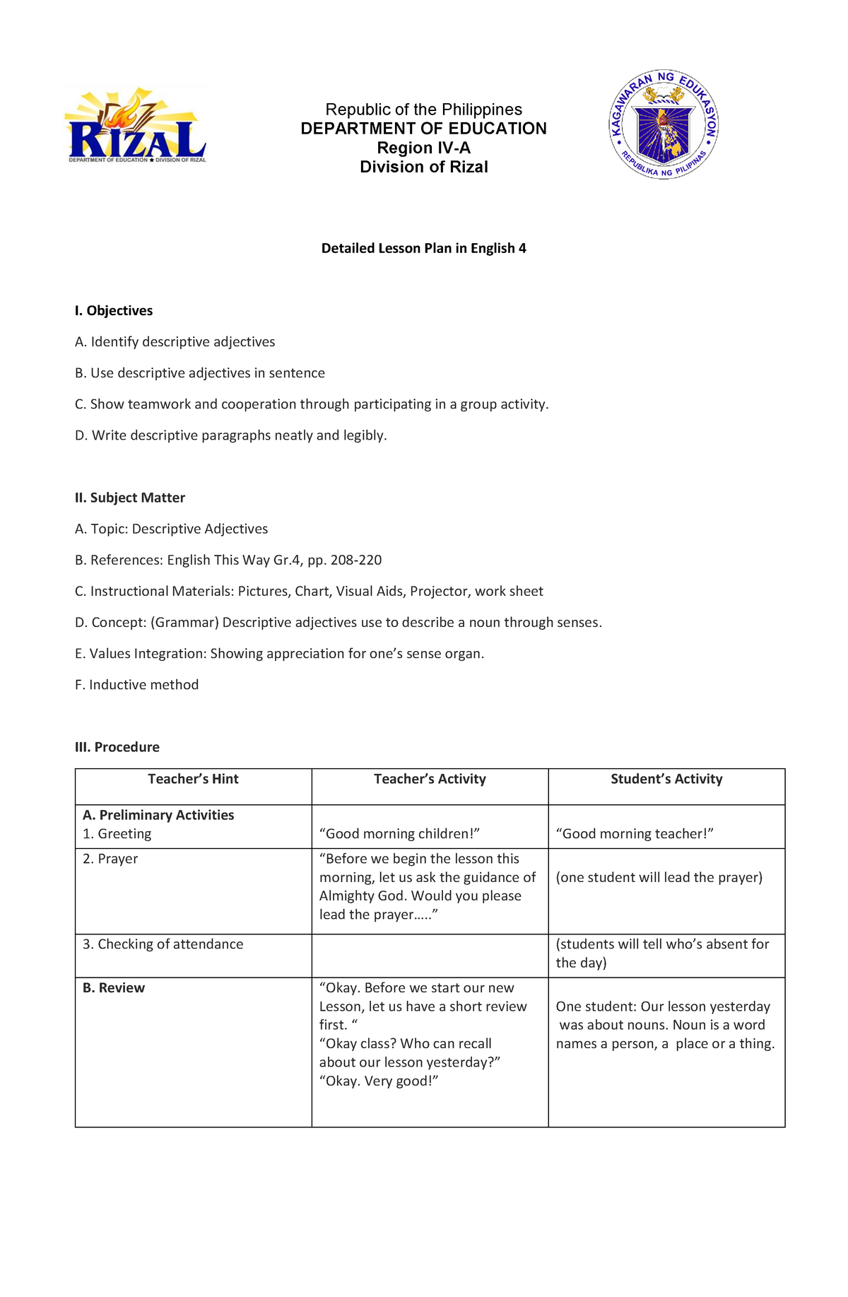 Lesson Plan For Adjectives Grade 3