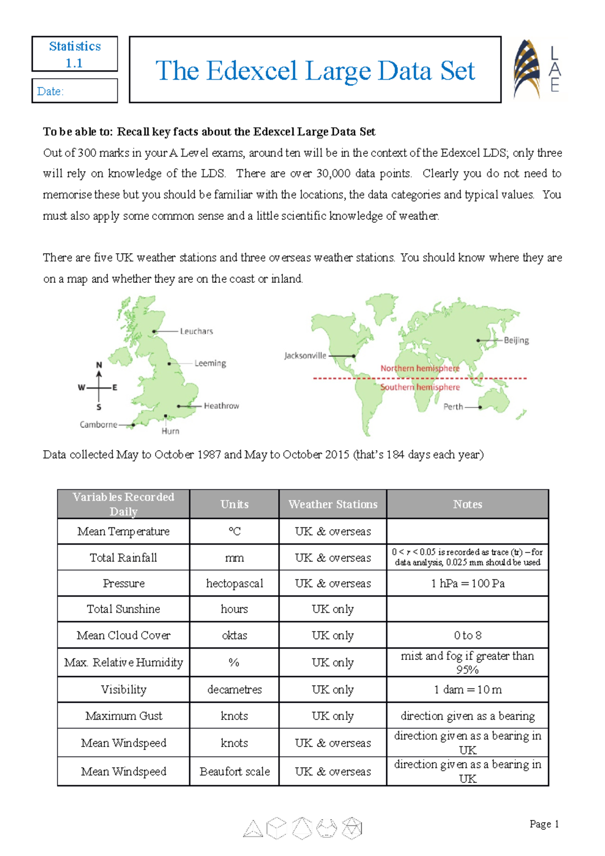 S1.1 The Large Data Set - Lecture notes - Statistics 1. The Edexcel ...